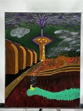Abstract Landscape Folk Art Painting Green, Purple & Brown 20”x16”